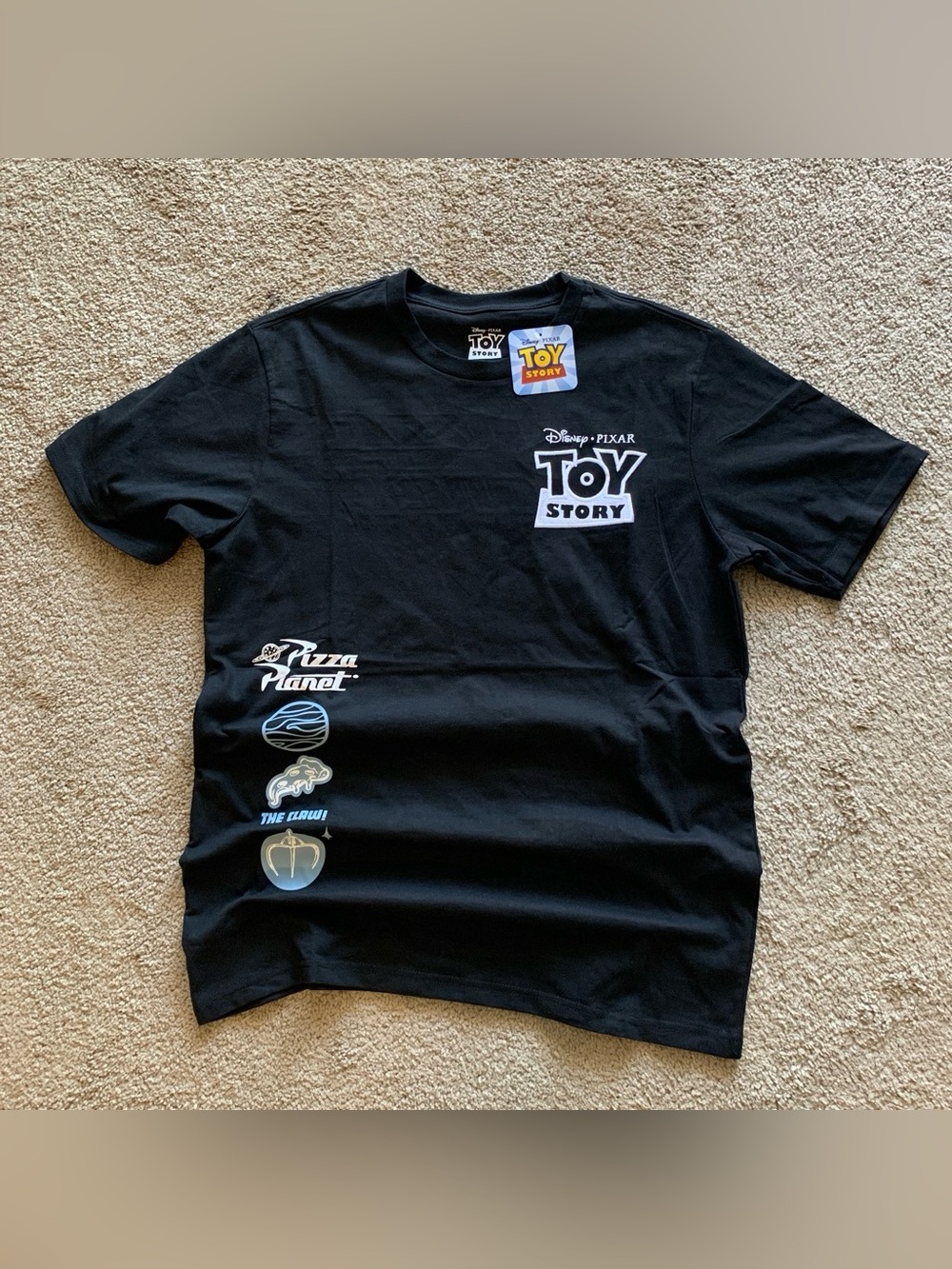 Disney Toy Story Black Graphic Logo T‑Shirt with Colorful Tag